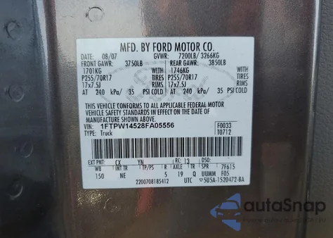 2008 Ford F150 Supercrew из США, поврежденный, VIN 1FTPW14528FA05556